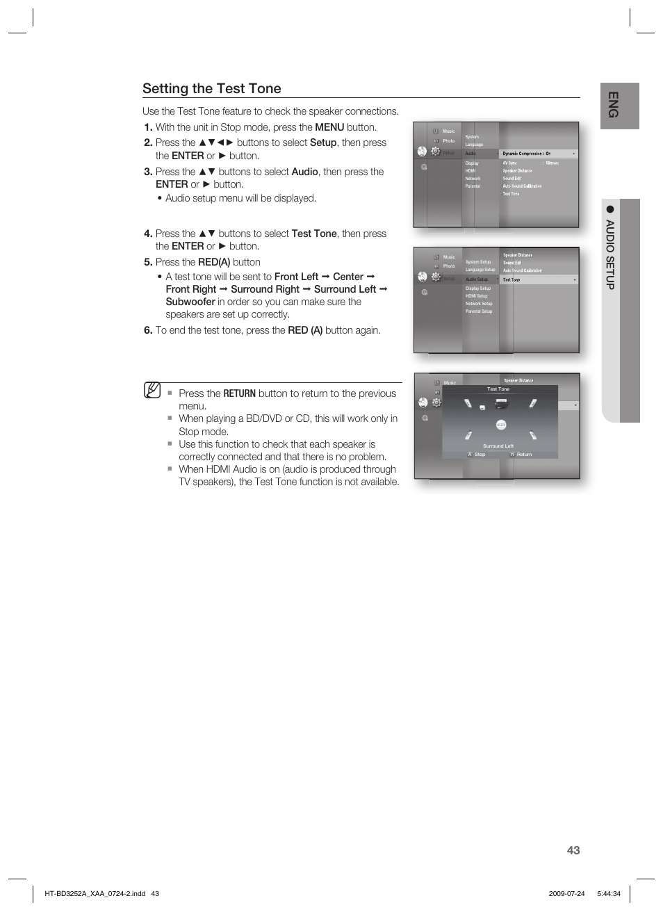 Setting the test tone, Audio setup | Samsung HT-BD3252 User Manual | Page 43 / 113