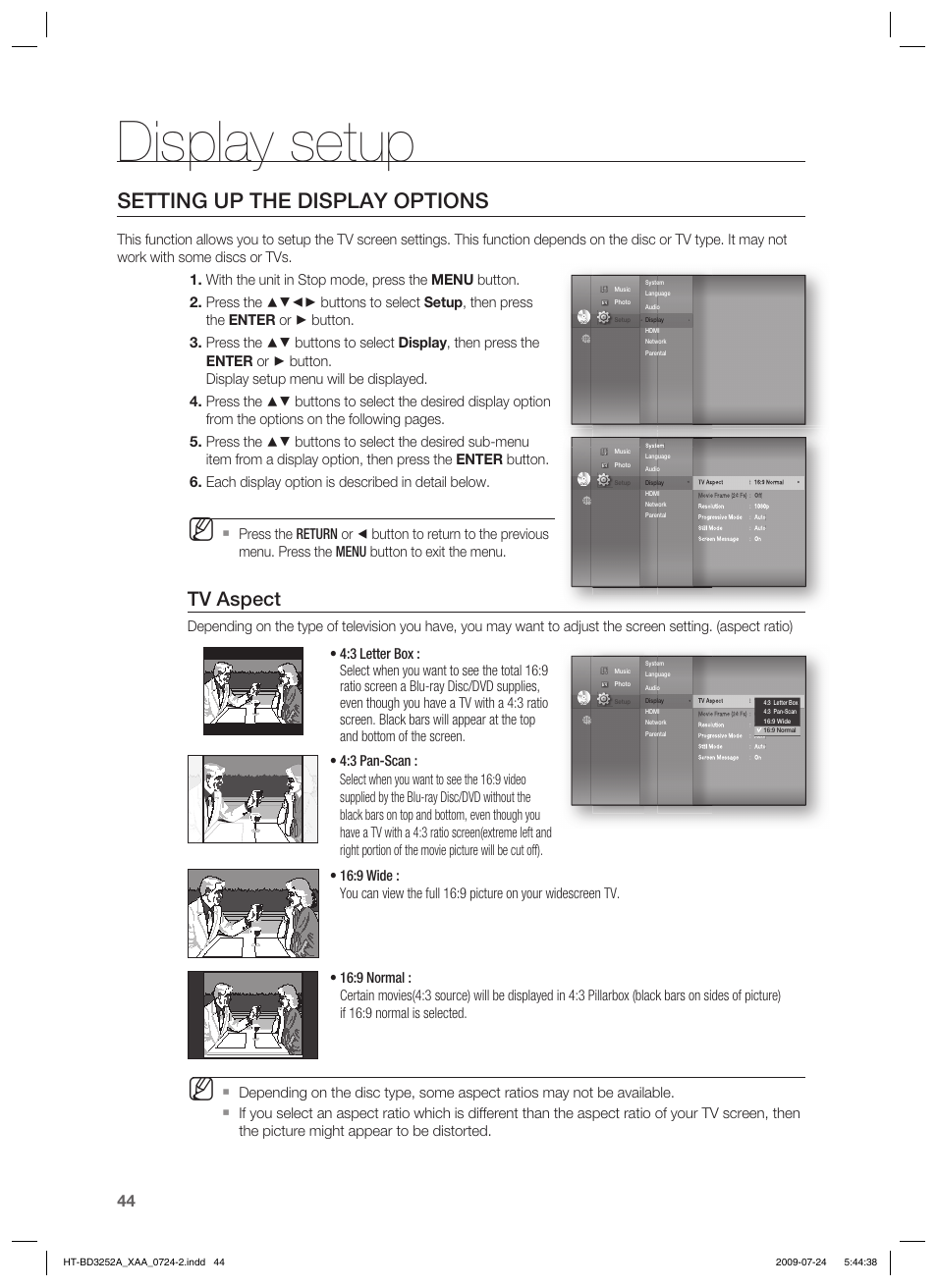 Display setup, Setting up the display options, Tv aspect | Samsung HT-BD3252 User Manual | Page 44 / 113