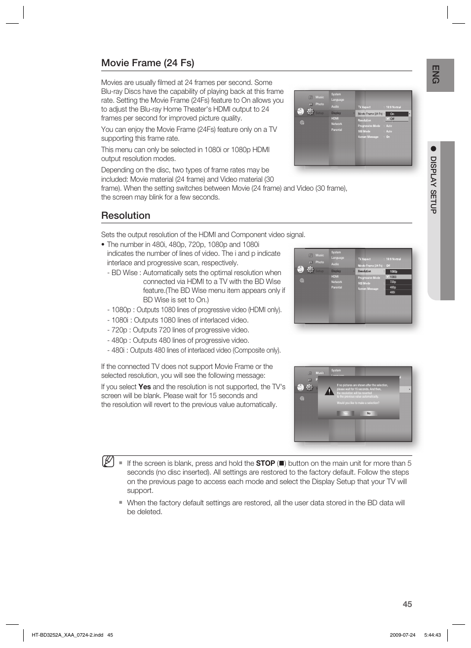 Movie frame (24 fs), Resolution, Display setup | Samsung HT-BD3252 User Manual | Page 45 / 113