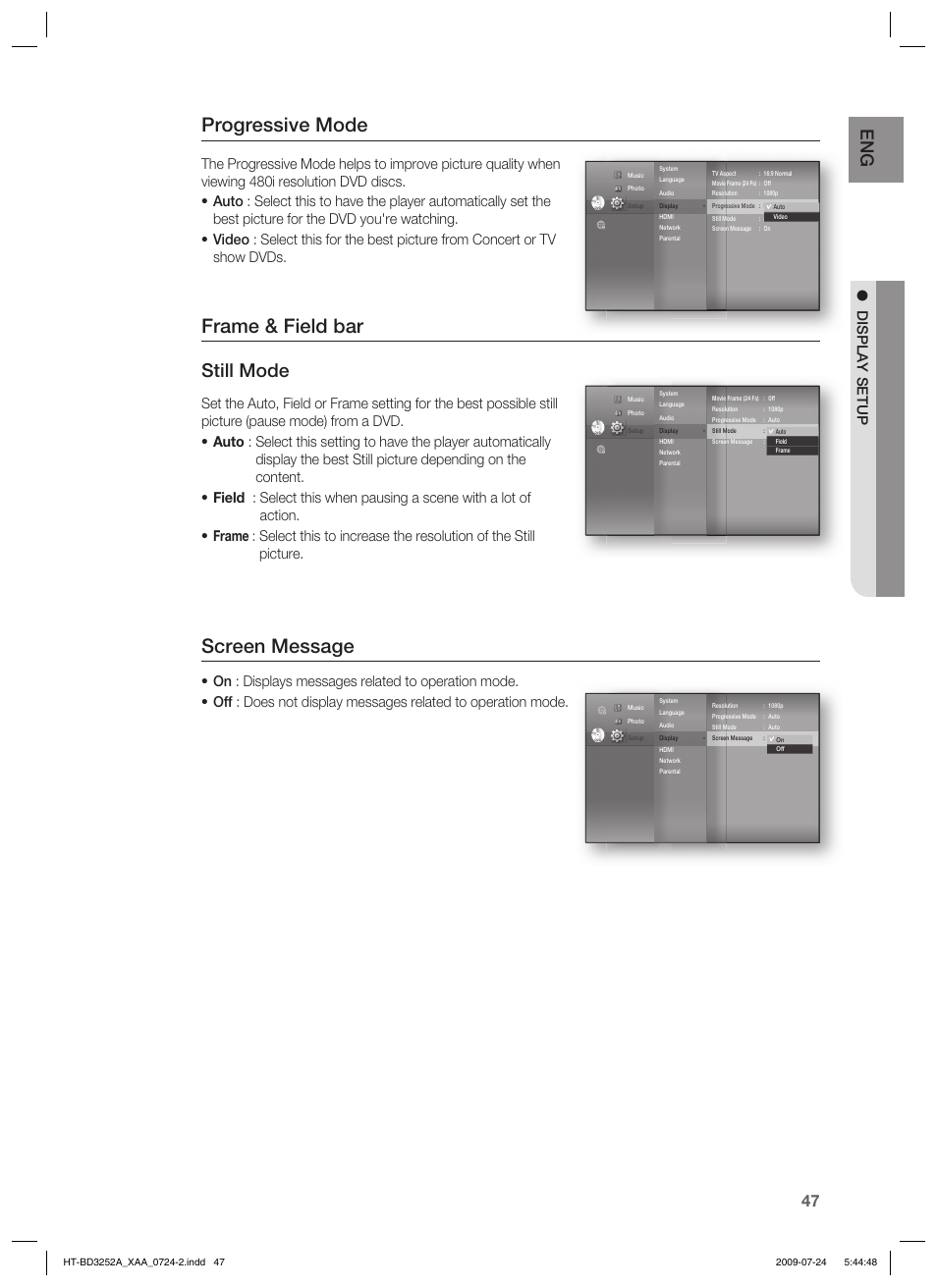 Progressive mode, Frame & field bar, Screen message | Still mode, Display setup | Samsung HT-BD3252 User Manual | Page 47 / 113