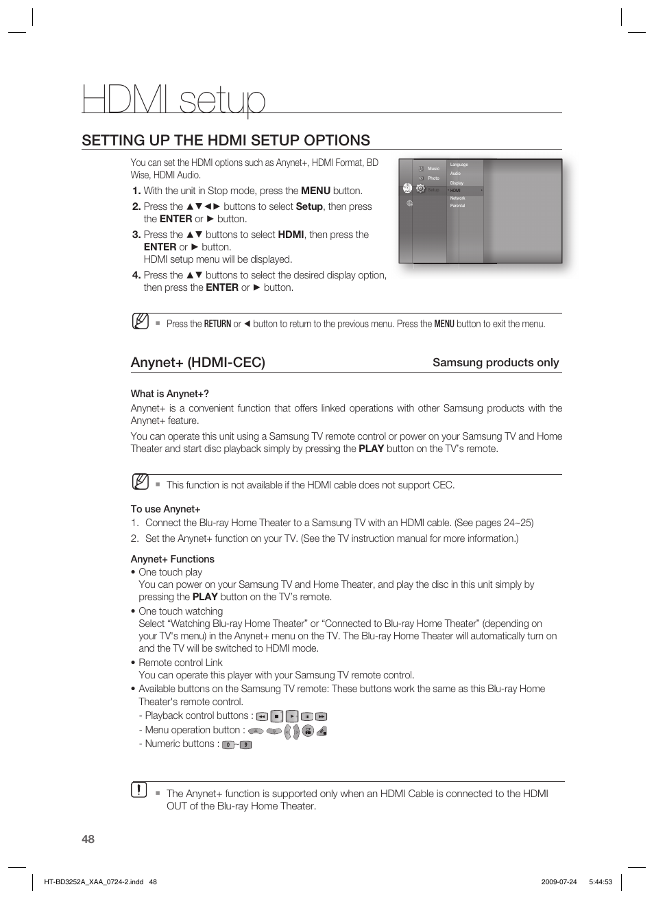 Hdmi setup, Setting up the hdmi setup options, Anynet+ (hdmi-cec) | Samsung HT-BD3252 User Manual | Page 48 / 113