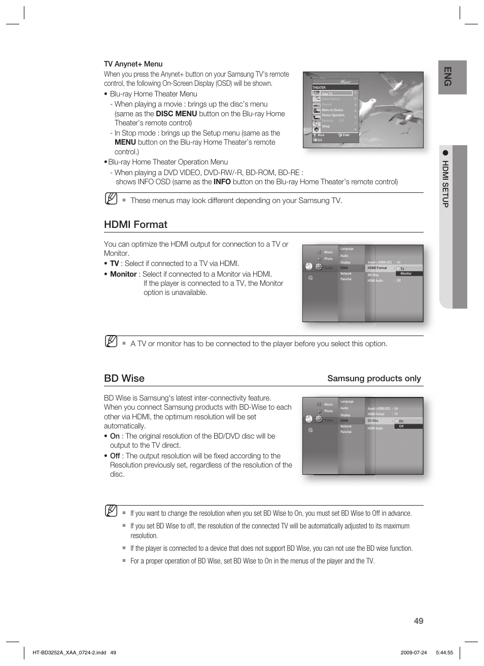 Hdmi format, Bd wise, Samsung products only | Samsung HT-BD3252 User Manual | Page 49 / 113