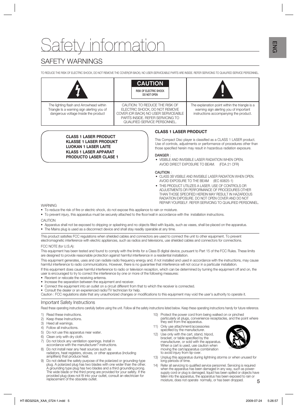 Safety information, Safety warnings, Caution | Samsung HT-BD3252 User Manual | Page 5 / 113