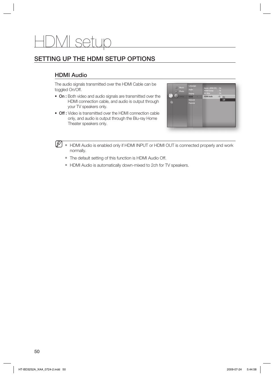 Hdmi setup, Setting up the hdmi setup options, Hdmi audio | Samsung HT-BD3252 User Manual | Page 50 / 113