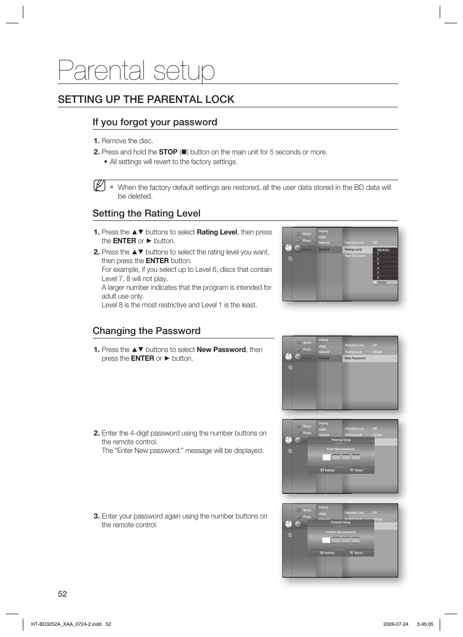 Parental setup, Setting up the parental lock, If you forgot your password | Setting the rating level, Changing the password | Samsung HT-BD3252 User Manual | Page 52 / 113