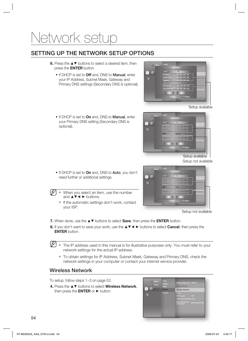 Network setup, Setting up the network setup options, Wireless network | Setup available, Setup not available setup available, Setup not available | Samsung HT-BD3252 User Manual | Page 54 / 113