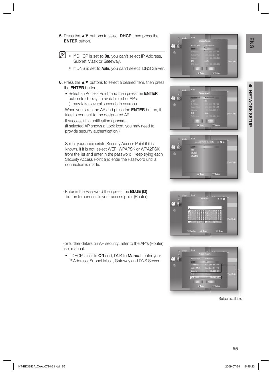 Setup available | Samsung HT-BD3252 User Manual | Page 55 / 113