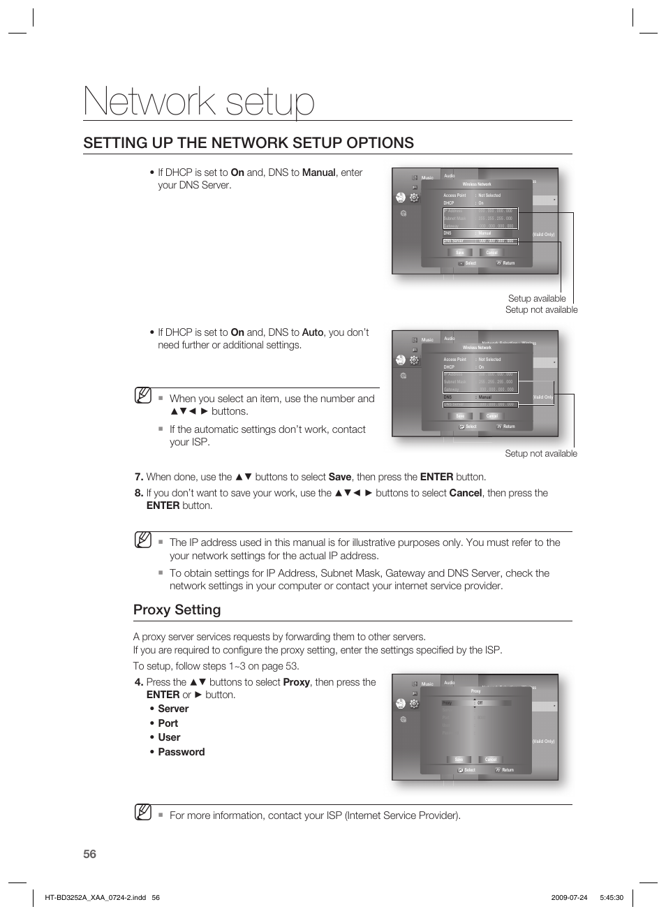 Network setup, Setting up the network setup options, Proxy setting | Setup not available setup available, Setup not available | Samsung HT-BD3252 User Manual | Page 56 / 113