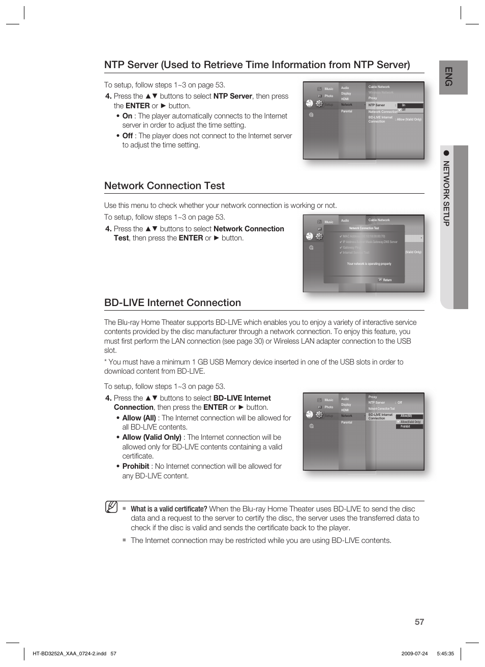 Network connection test, Bd-live internet connection, Network setup | Samsung HT-BD3252 User Manual | Page 57 / 113