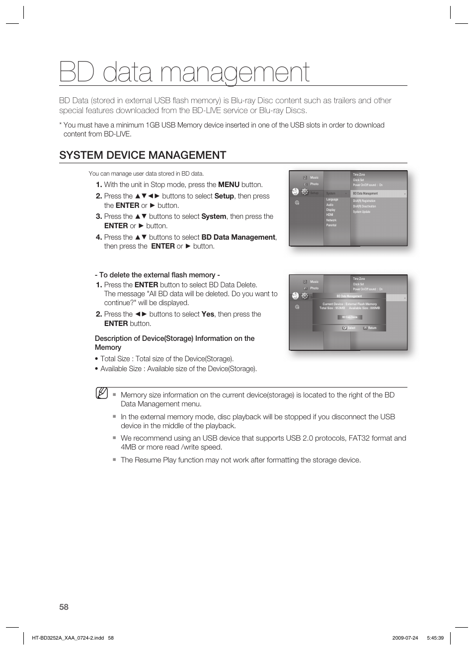 Bd data management, System device management | Samsung HT-BD3252 User Manual | Page 58 / 113