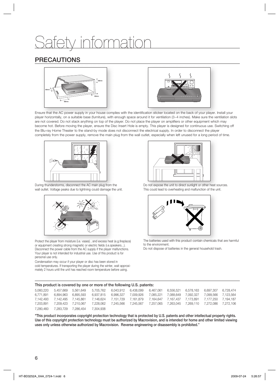 Safety information, Precautions | Samsung HT-BD3252 User Manual | Page 6 / 113