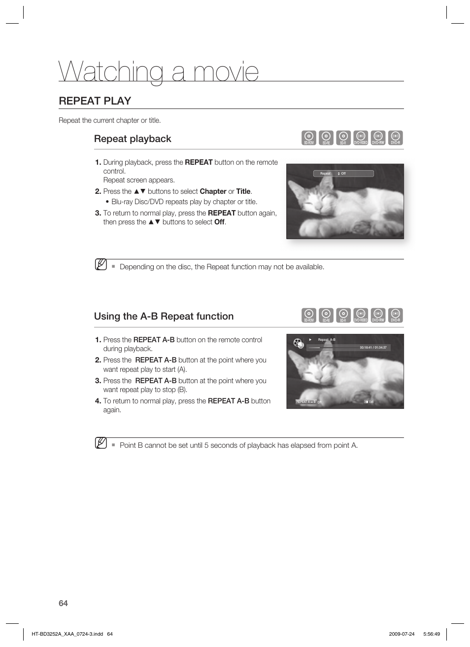 Watching a movie, Hgfzcv, Repeat play | Repeat playback, Using the a-b repeat function | Samsung HT-BD3252 User Manual | Page 64 / 113