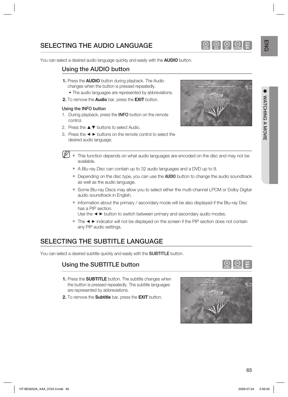 Hgfz, Selecting the audio language, Selecting the subtitle language | Using the audio button, Using the subtitle button | Samsung HT-BD3252 User Manual | Page 65 / 113