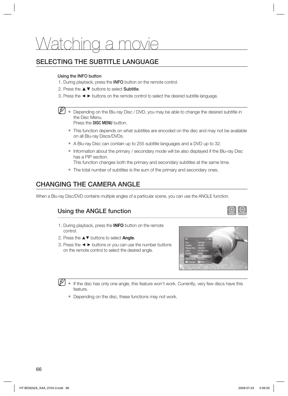 Watching a movie, Selecting the subtitle language, Changing the camera angle | Using the angle function | Samsung HT-BD3252 User Manual | Page 66 / 113