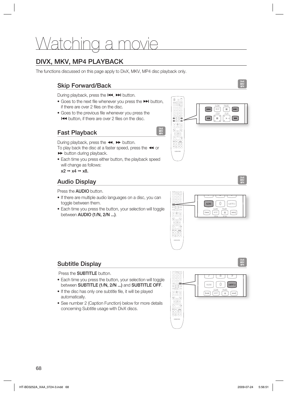 Watching a movie, Divx, mkv, mp4 playback | Samsung HT-BD3252 User Manual | Page 68 / 113