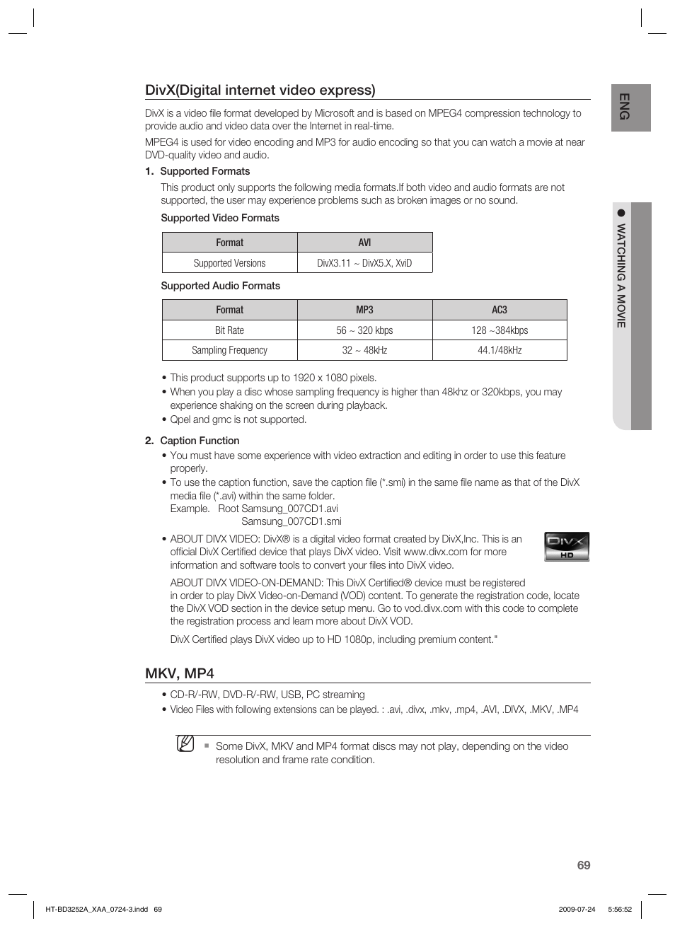 Divx(digital internet video express), Mkv, mp4 | Samsung HT-BD3252 User Manual | Page 69 / 113