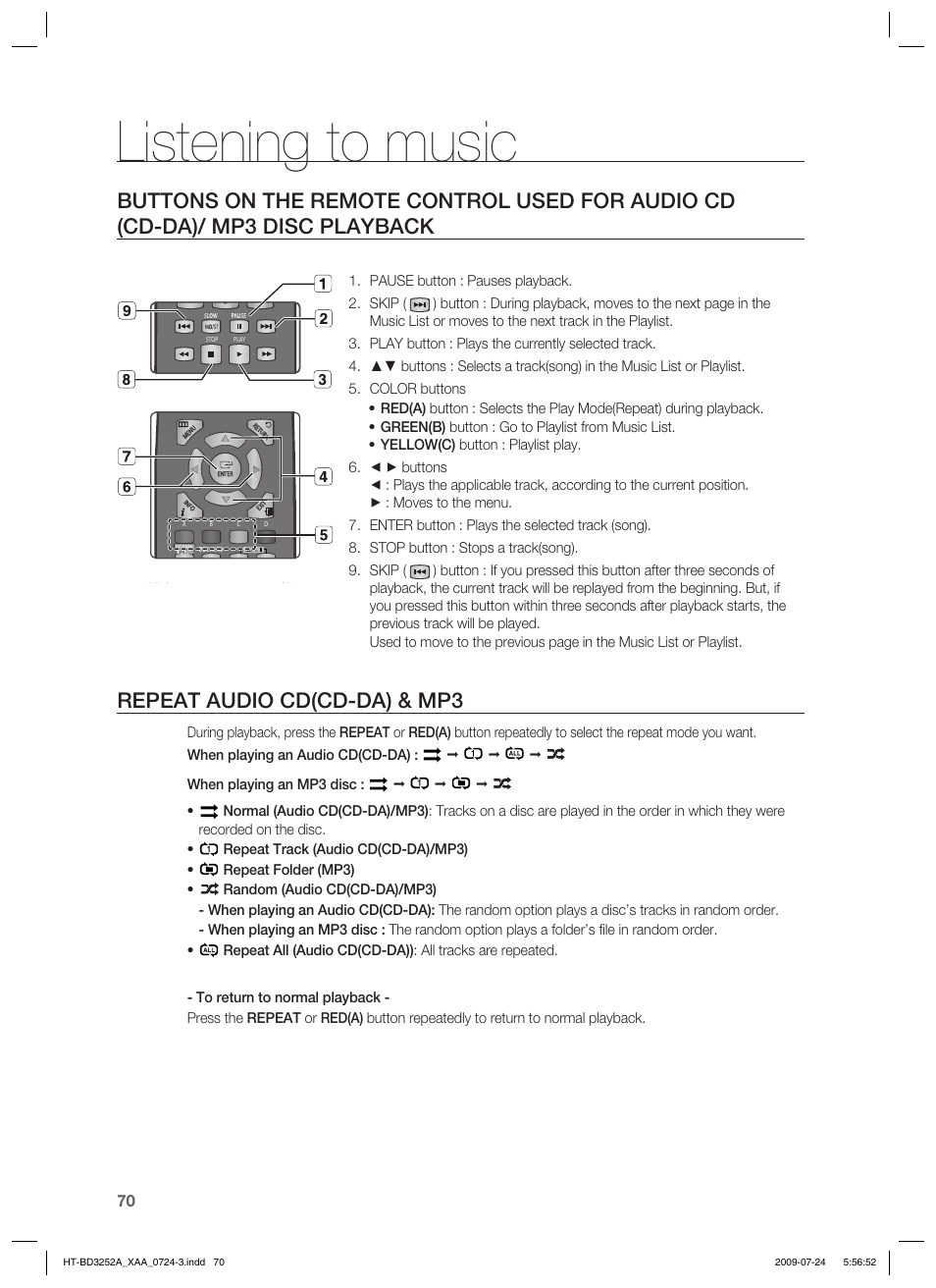 Listening to music, Repeat audio cd(cd-da) & mp3 | Samsung HT-BD3252 User Manual | Page 70 / 113