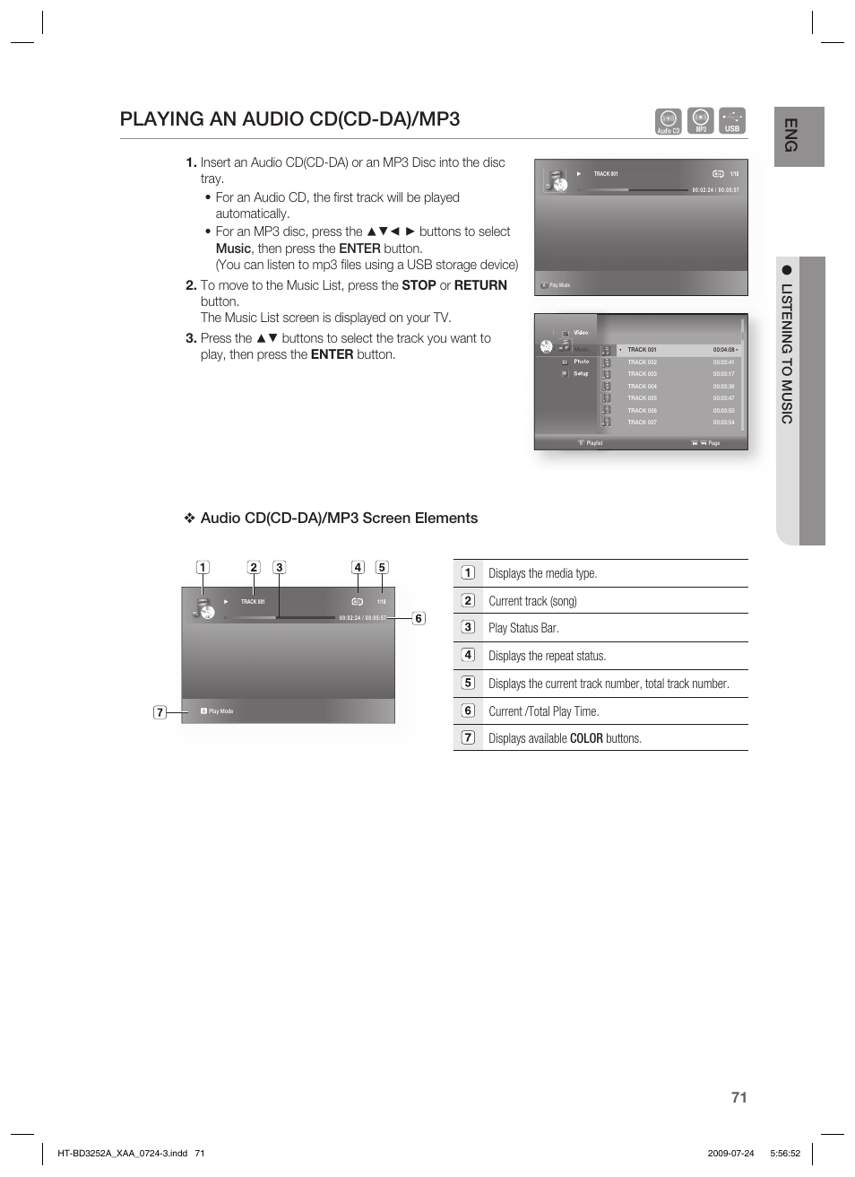 Playing an audio cd(cd-da)/mp3, Audio cd(cd-da)/mp3 screen elements, Listening to music | Samsung HT-BD3252 User Manual | Page 71 / 113