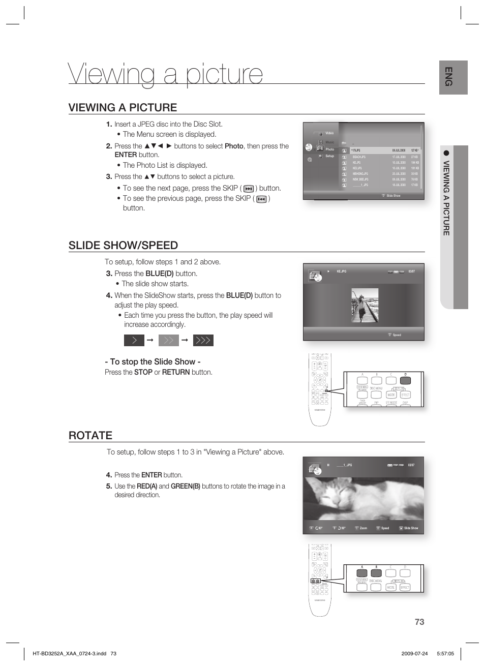 Viewing a picture, Slide show/speed, Rotate | Disc slot, The menu screen is displayed, The photo list is displayed, Press the stop or return button, Insert a jpeg disc into the, Press the, Buttons to select a picture | Samsung HT-BD3252 User Manual | Page 73 / 113