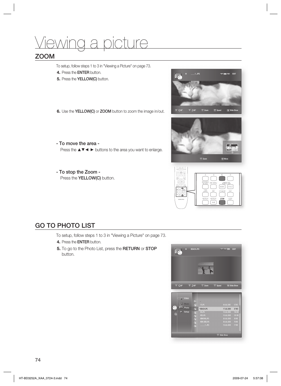 Viewing a picture, Zoom, Go to photo list | Press the yellow(c) button, Press the enter button | Samsung HT-BD3252 User Manual | Page 74 / 113