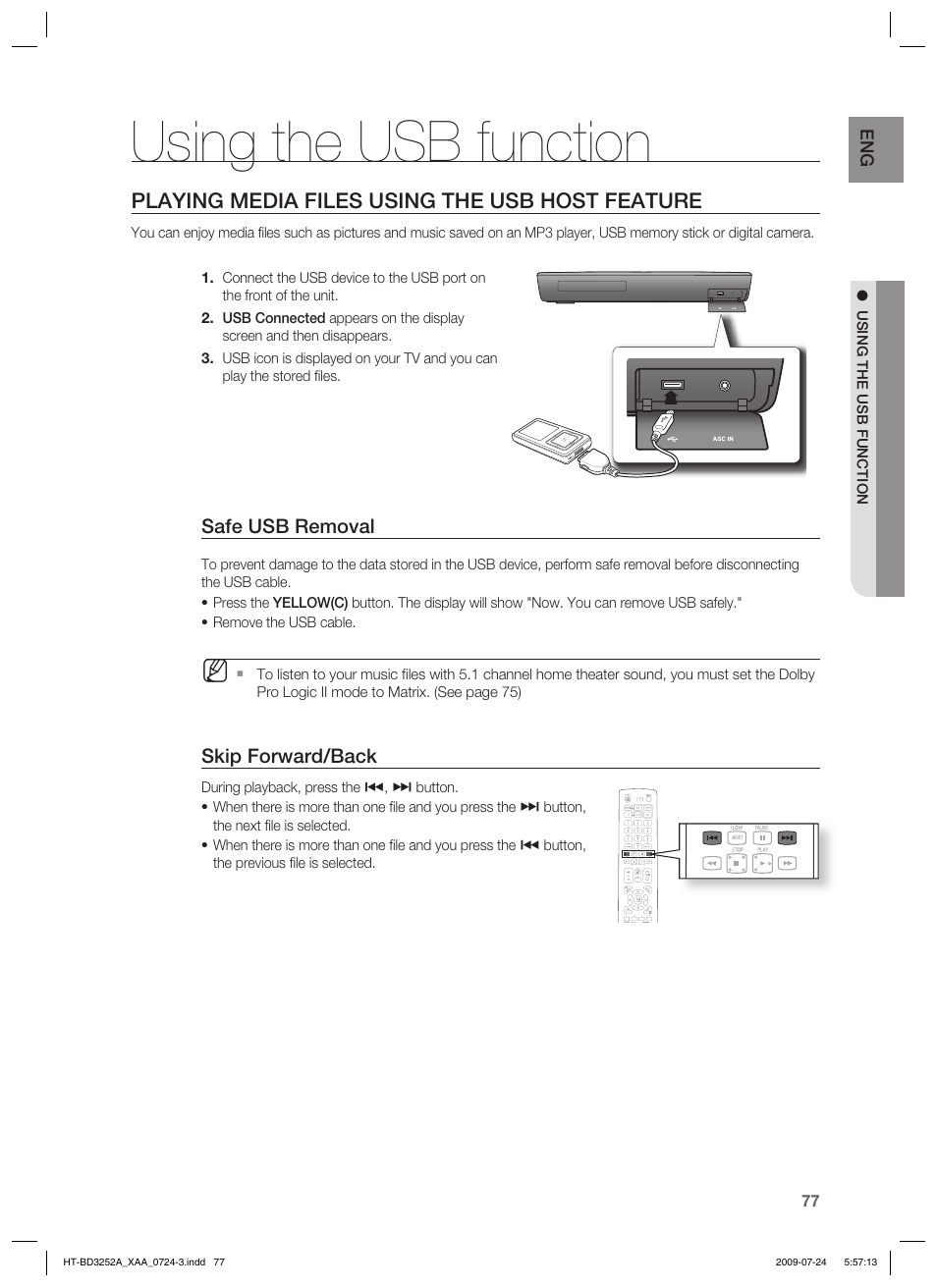 Using the usb function, Playing media files using the usb host feature | Samsung HT-BD3252 User Manual | Page 77 / 113