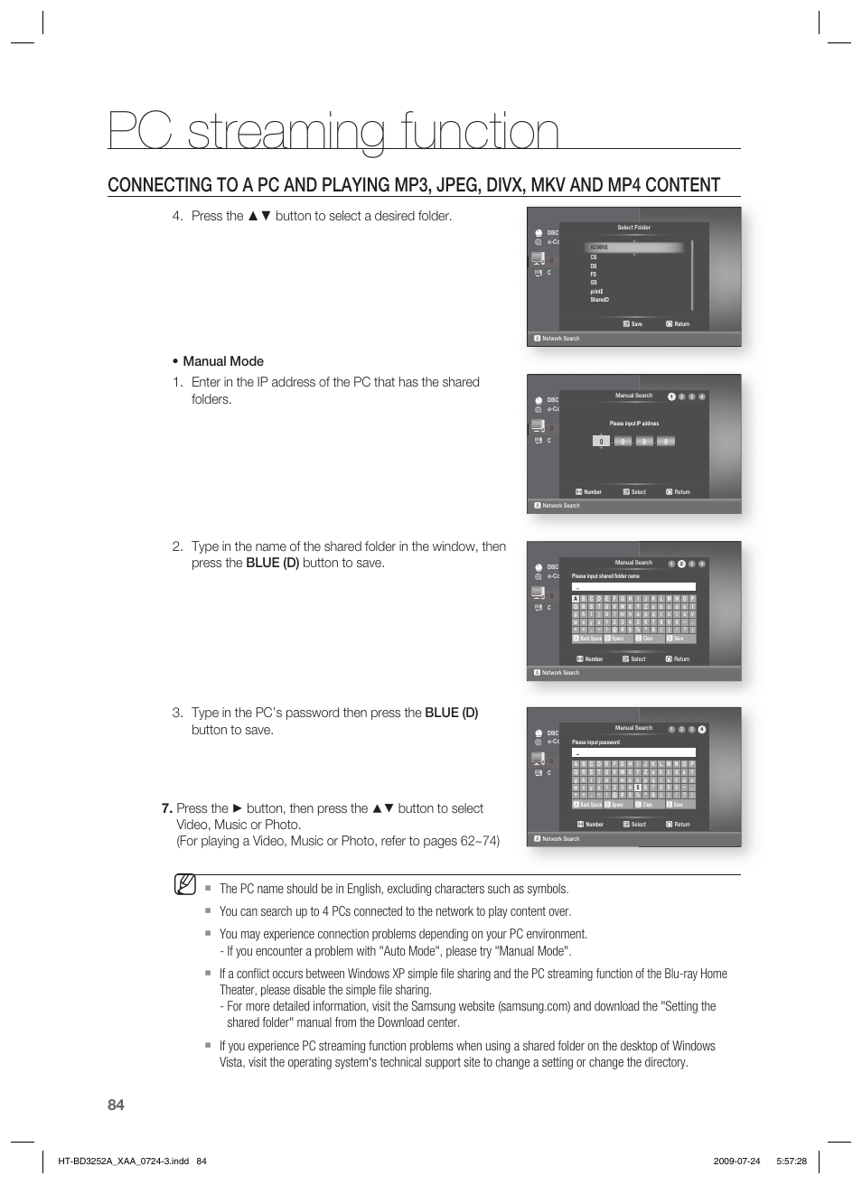 Pc streaming function, No disc | Samsung HT-BD3252 User Manual | Page 84 / 113