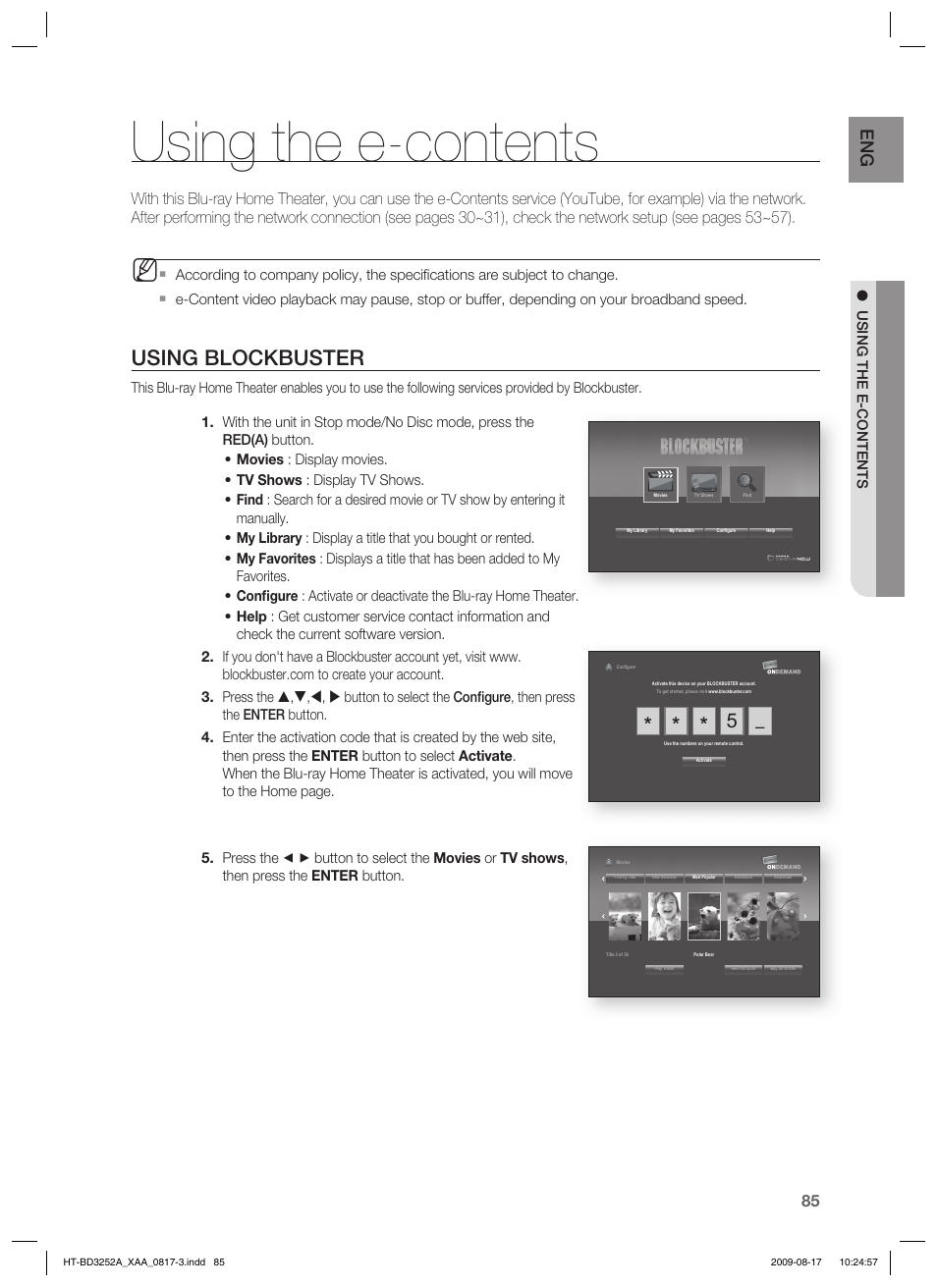 Using the e-contents, Using blockbuster | Samsung HT-BD3252 User Manual | Page 85 / 113