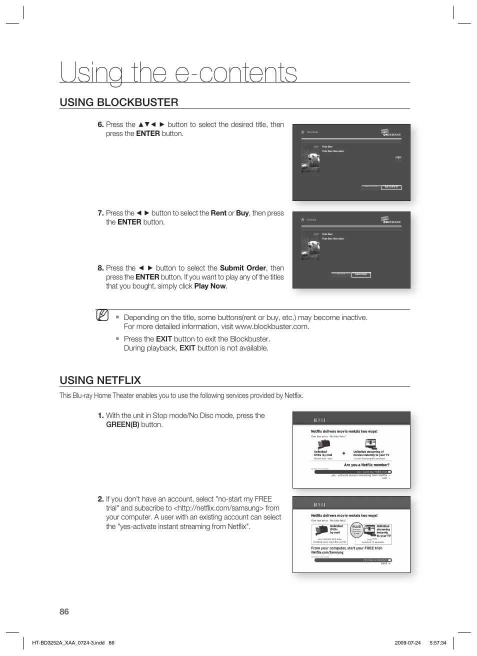 Using the e-contents, Using blockbuster, Using netflix | Samsung HT-BD3252 User Manual | Page 86 / 113