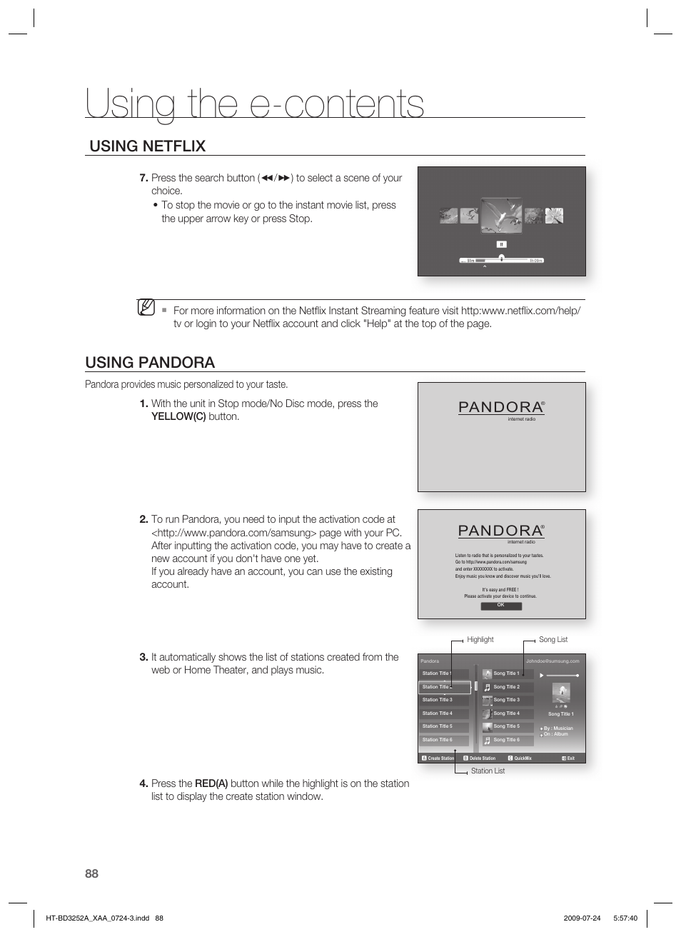 Using the e-contents, Using netflix, Using pandora | Pandora | Samsung HT-BD3252 User Manual | Page 88 / 113