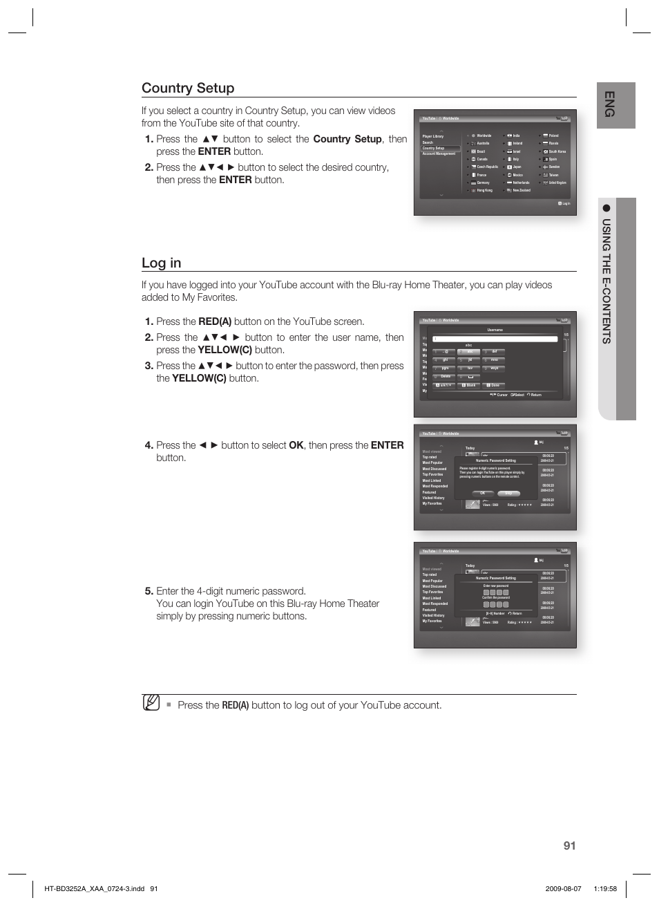 Country setup, Log in, Using the e-contents | Samsung HT-BD3252 User Manual | Page 91 / 113