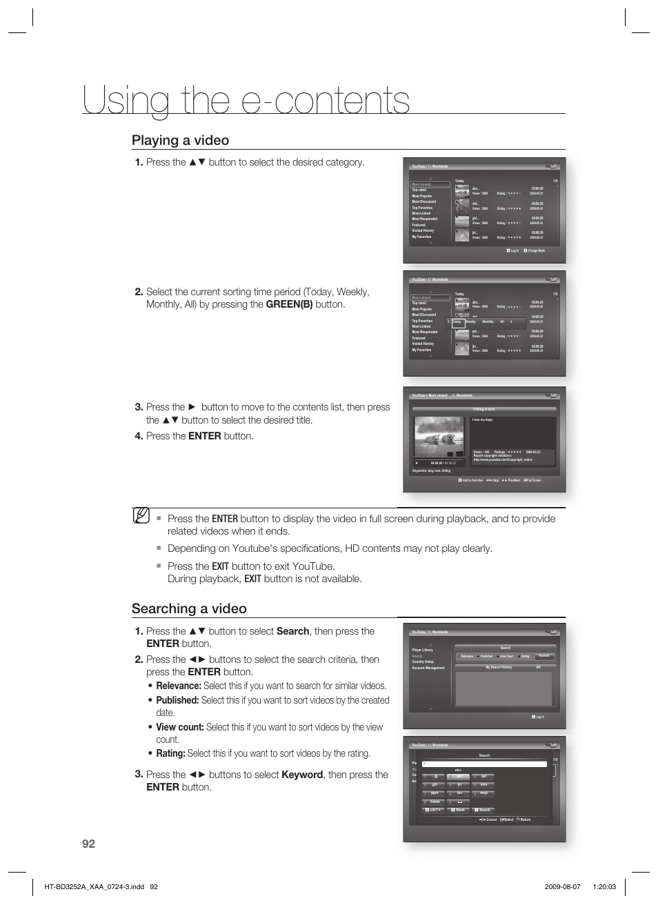 Using the e-contents, Playing a video, Searching a video | Samsung HT-BD3252 User Manual | Page 92 / 113