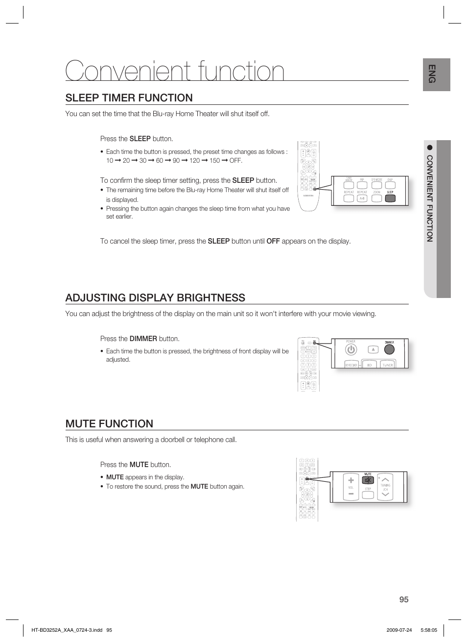 Convenient function, Sleep timer function, Adjusting display brightness | Mute function | Samsung HT-BD3252 User Manual | Page 95 / 113