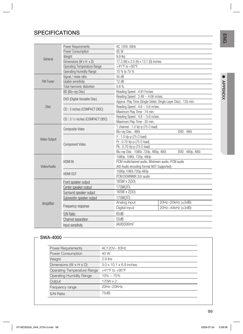 Specifications | Samsung HT-BD3252 User Manual | Page 99 / 113