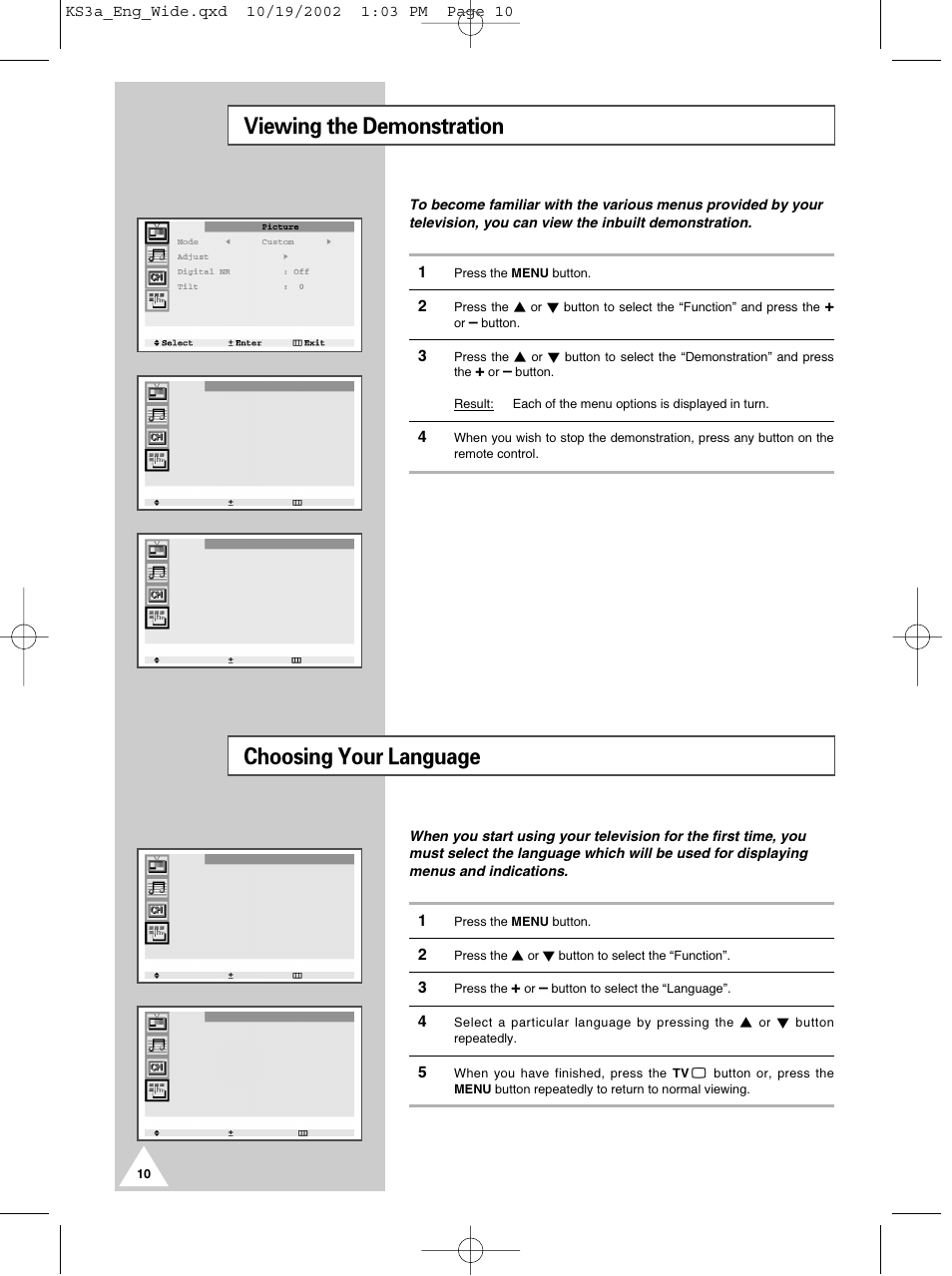 Viewing the demonstration, Choosing your language | Samsung CS29K10MQ User Manual | Page 10 / 40