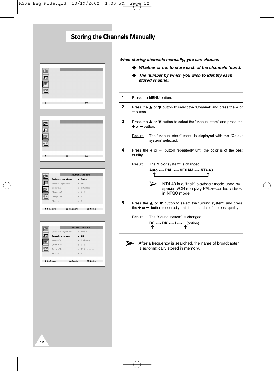 Storing the channels manually | Samsung CS29K10MQ User Manual | Page 12 / 40
