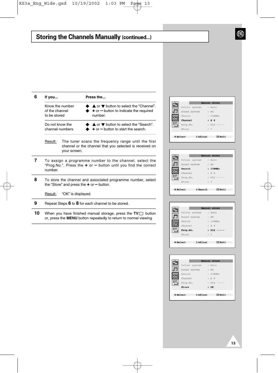 Storing the channels manually, Continued...) eng | Samsung CS29K10MQ User Manual | Page 13 / 40