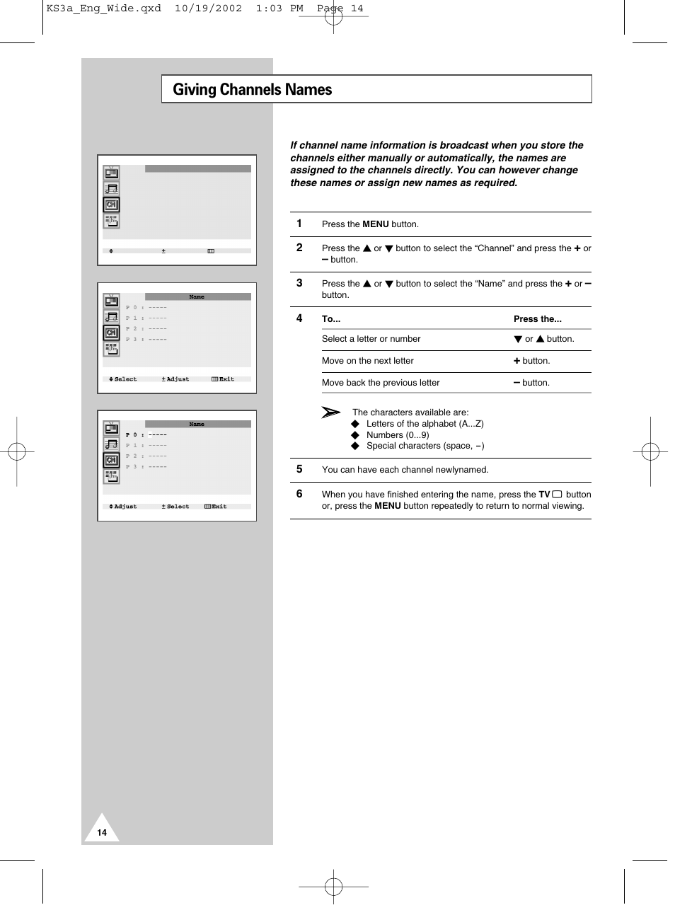 Giving channels names | Samsung CS29K10MQ User Manual | Page 14 / 40
