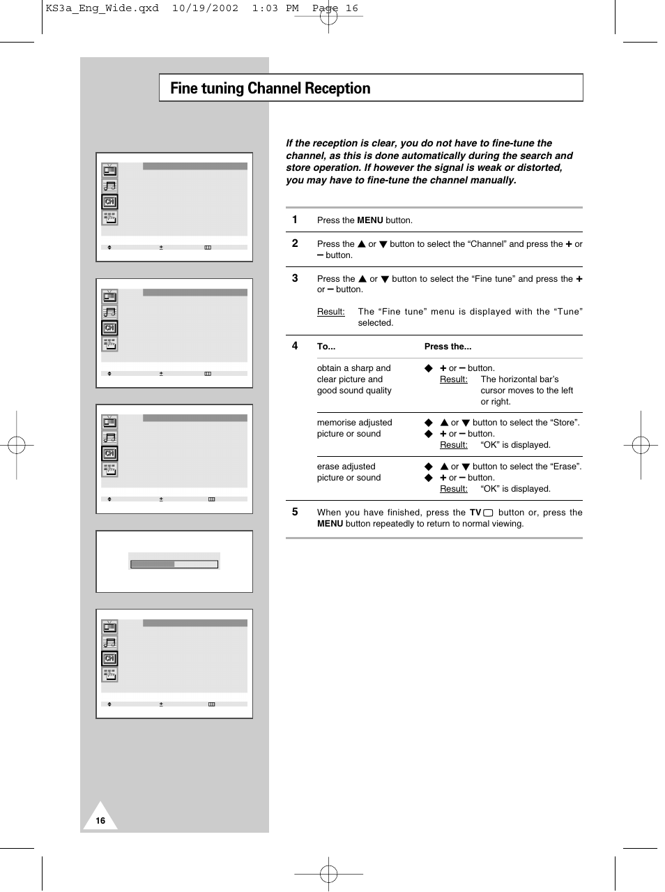 Fine tuning channel reception | Samsung CS29K10MQ User Manual | Page 16 / 40