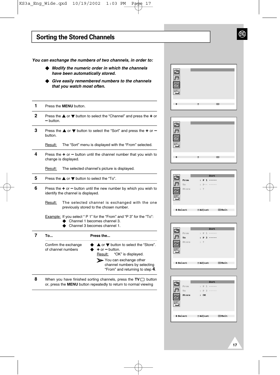 Sorting the stored channels | Samsung CS29K10MQ User Manual | Page 17 / 40