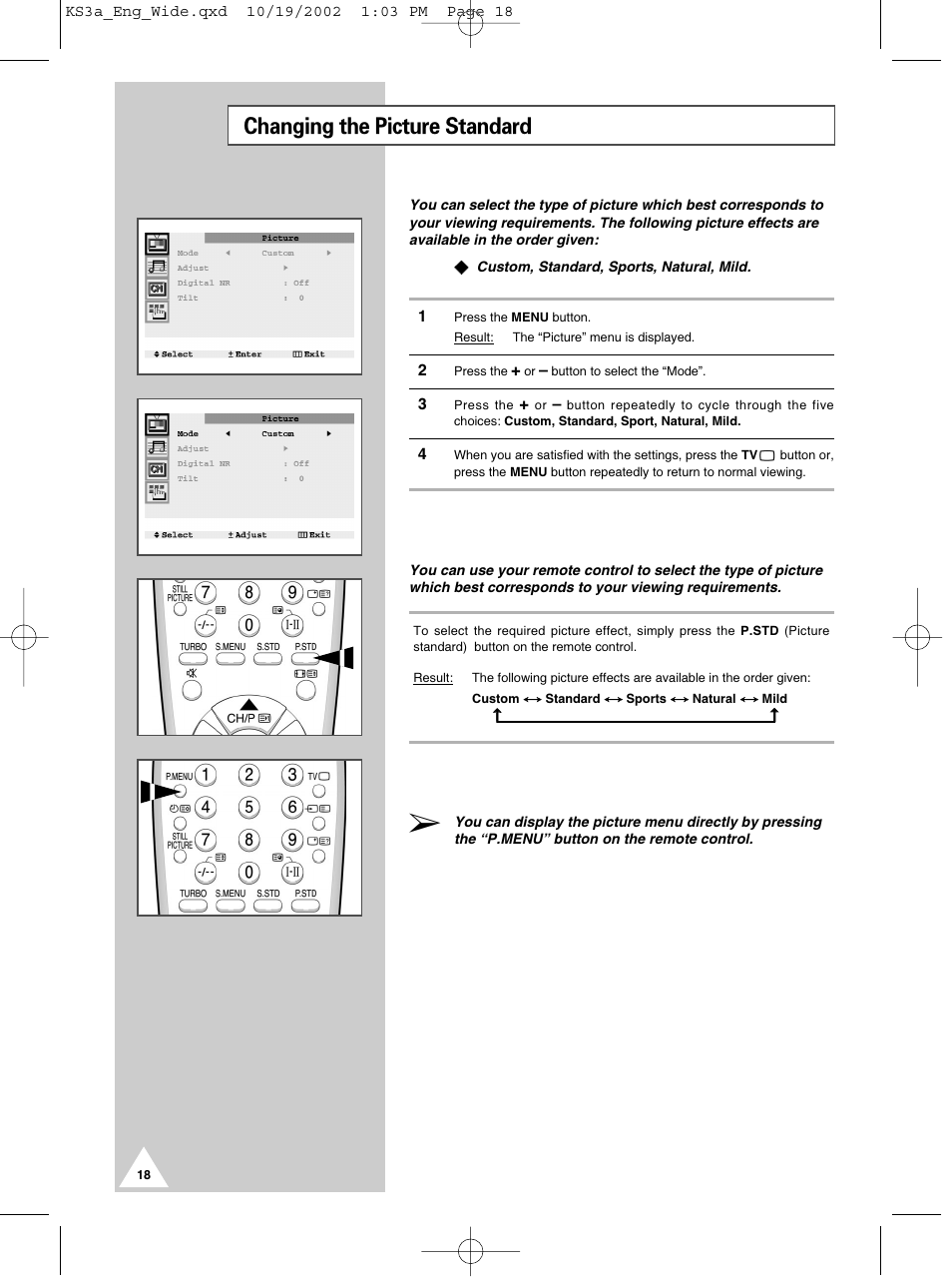 Changing the picture standard | Samsung CS29K10MQ User Manual | Page 18 / 40