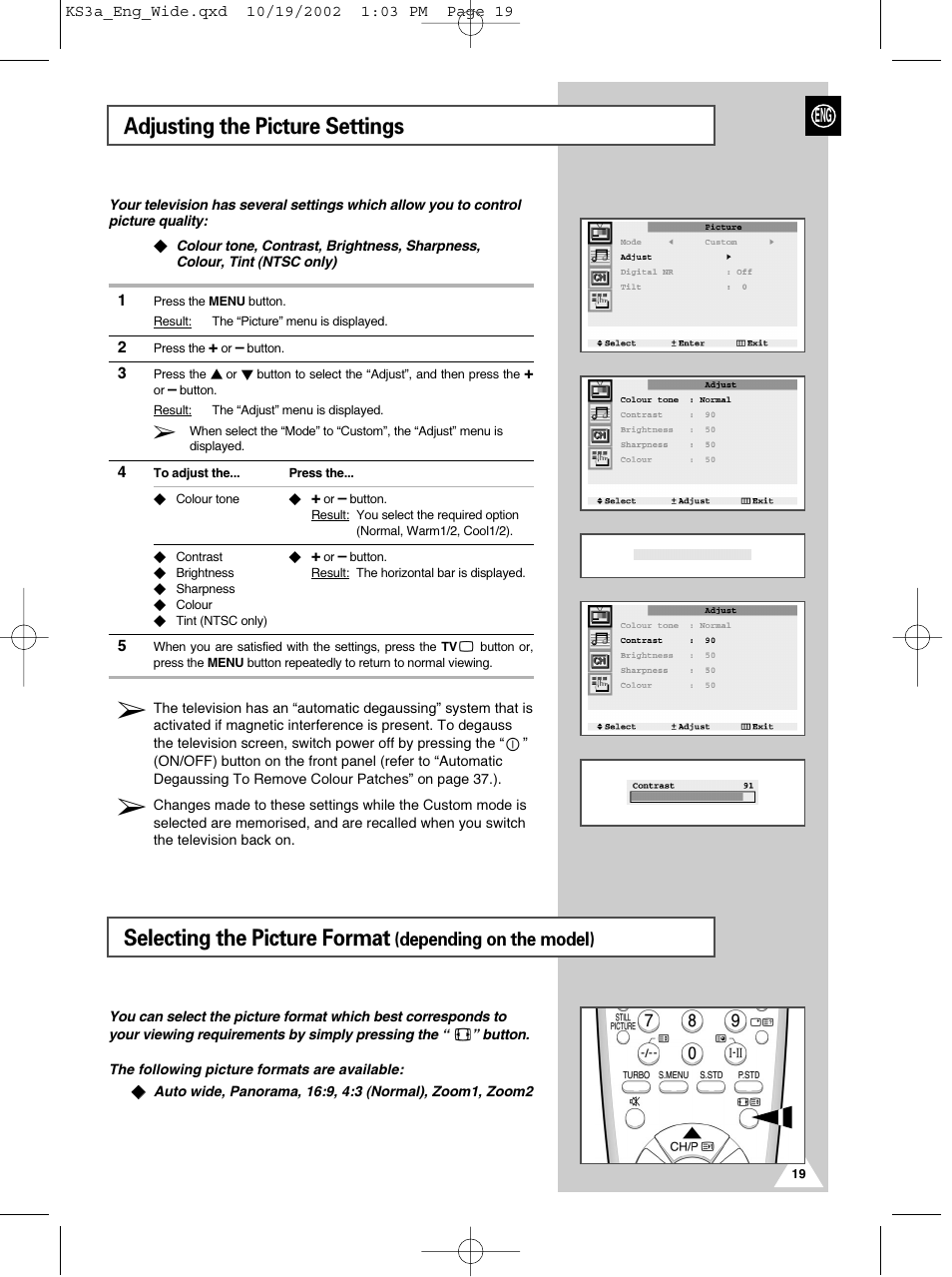 Adjusting the picture settings, Selecting the picture format, Depending on the model) eng | Samsung CS29K10MQ User Manual | Page 19 / 40