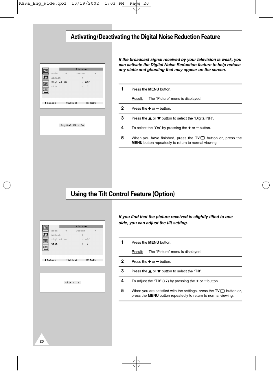 Using the tilt control feature (option) | Samsung CS29K10MQ User Manual | Page 20 / 40