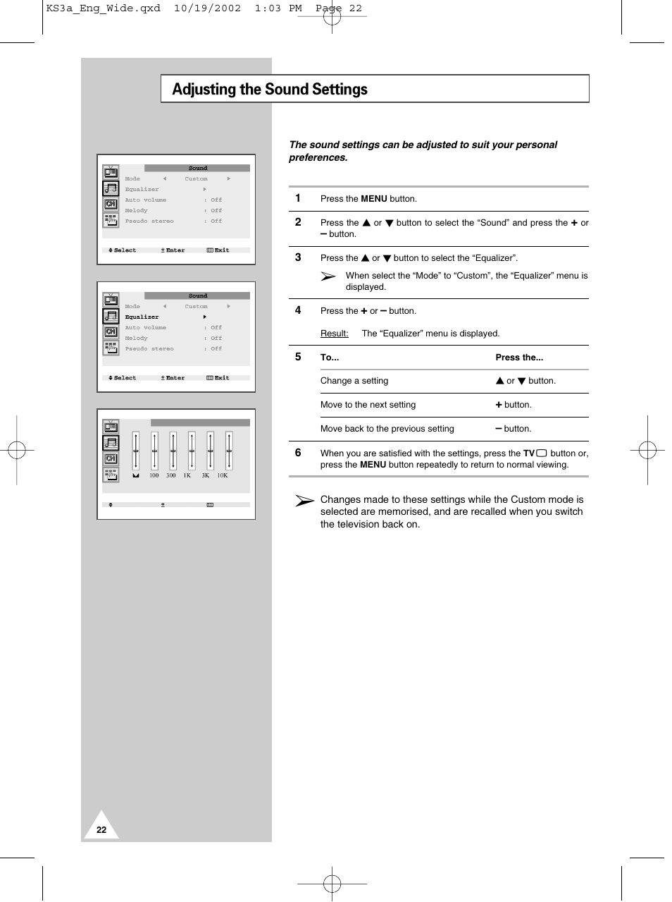 Adjusting the sound settings | Samsung CS29K10MQ User Manual | Page 22 / 40