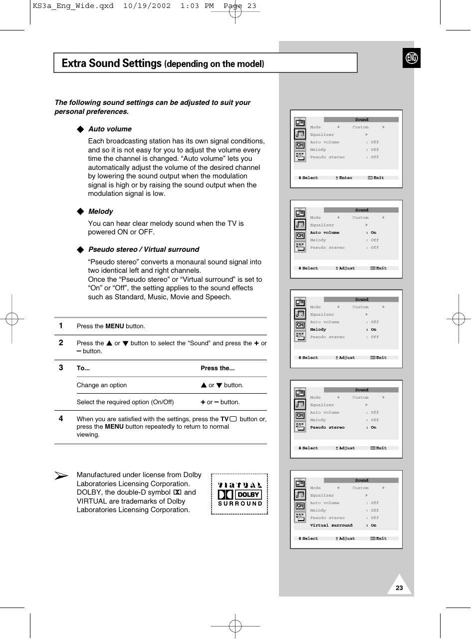 Extra sound settings, Depending on the model) | Samsung CS29K10MQ User Manual | Page 23 / 40