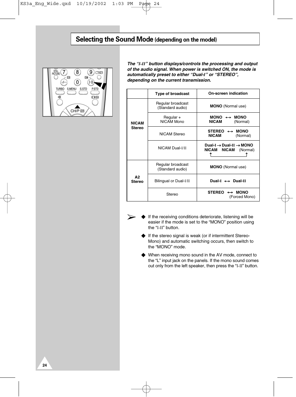 Selecting the sound mode, Depending on the model) | Samsung CS29K10MQ User Manual | Page 24 / 40