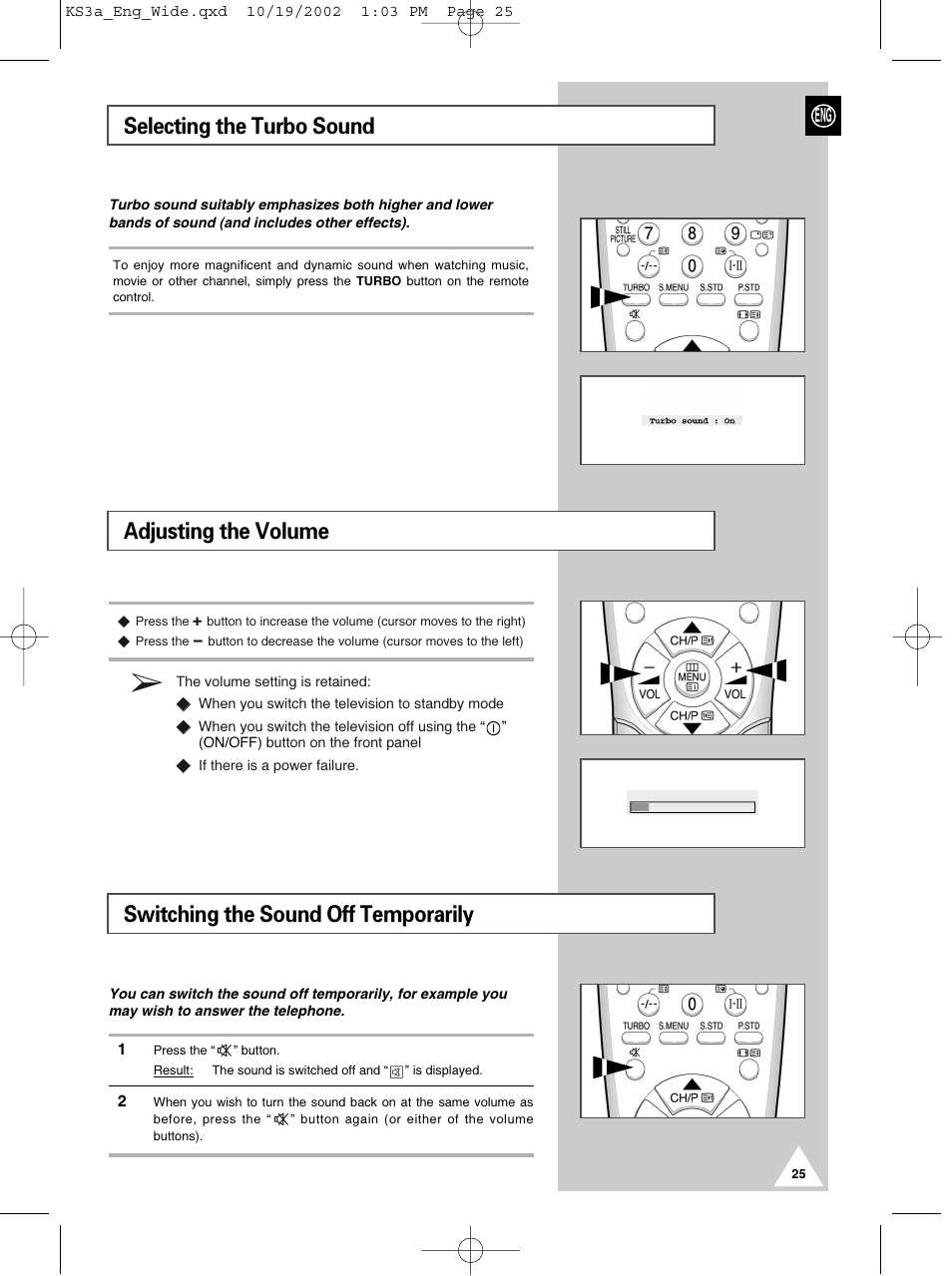 Switching the sound off temporarily, Adjusting the volume selecting the turbo sound | Samsung CS29K10MQ User Manual | Page 25 / 40