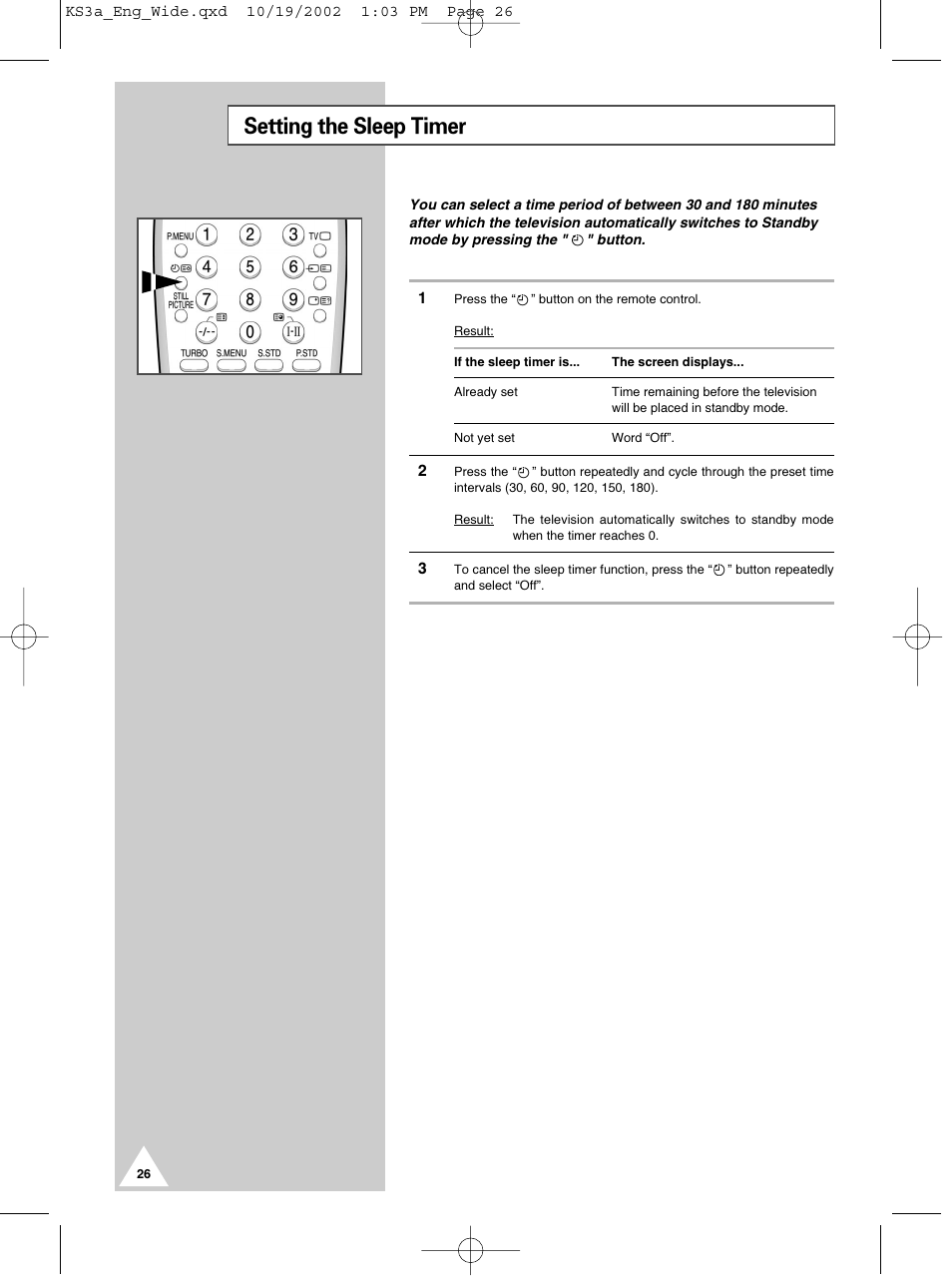 Setting the sleep timer | Samsung CS29K10MQ User Manual | Page 26 / 40