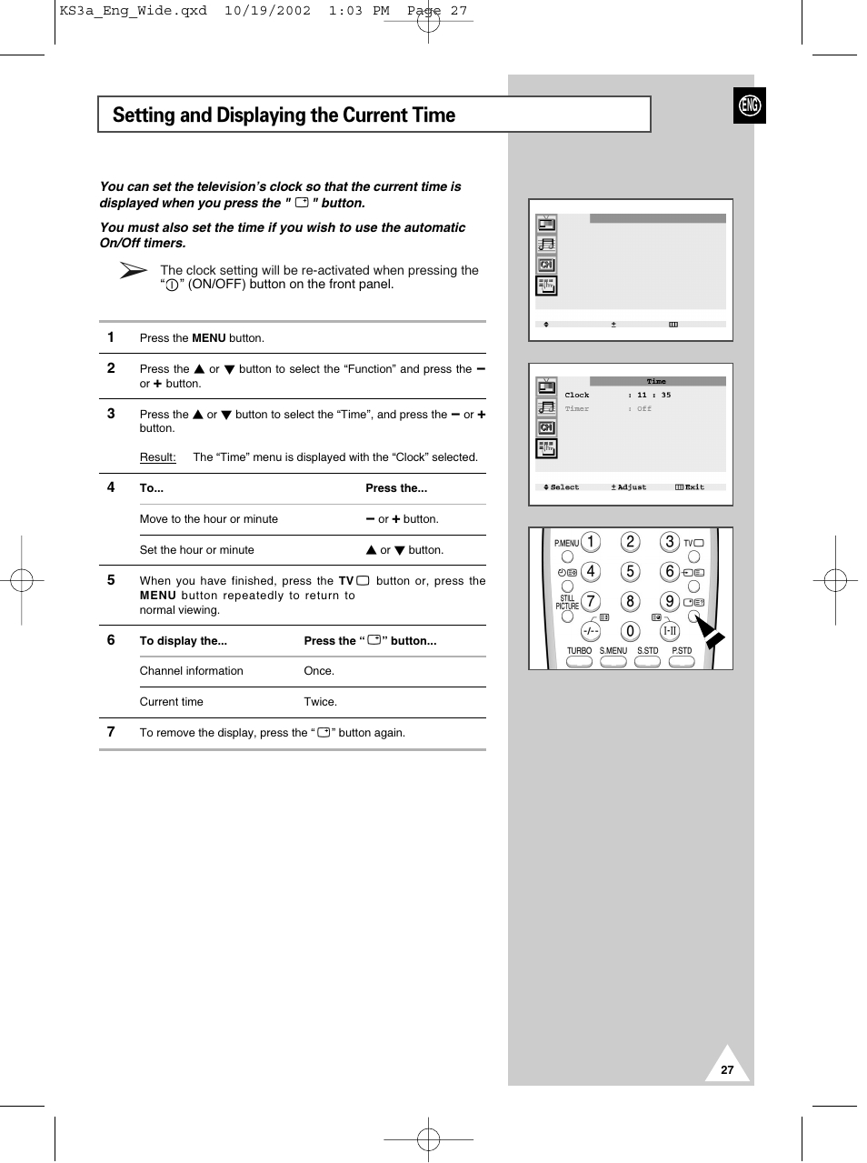 Setting and displaying the current time | Samsung CS29K10MQ User Manual | Page 27 / 40