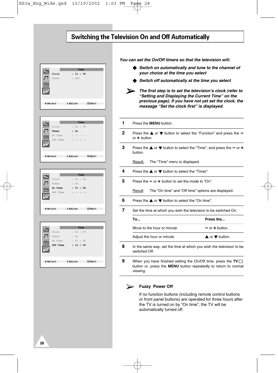 Switching the television on and off automatically | Samsung CS29K10MQ User Manual | Page 28 / 40