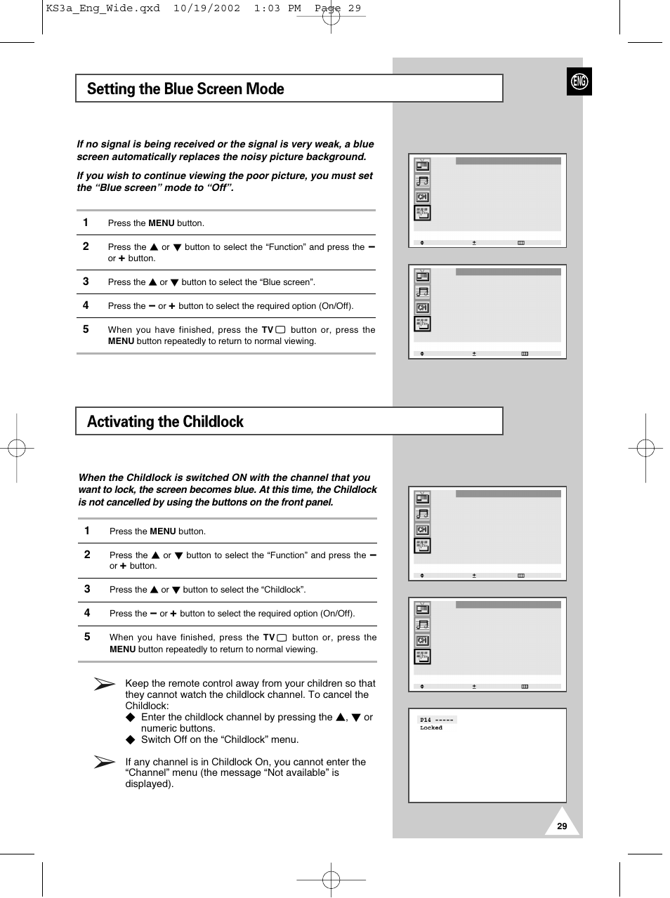 Setting the blue screen mode, Activating the childlock | Samsung CS29K10MQ User Manual | Page 29 / 40